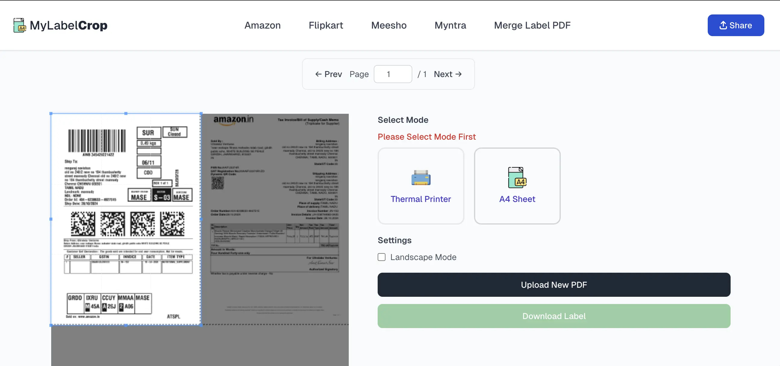 Crop Flipkart or Amazon Shipping Labels