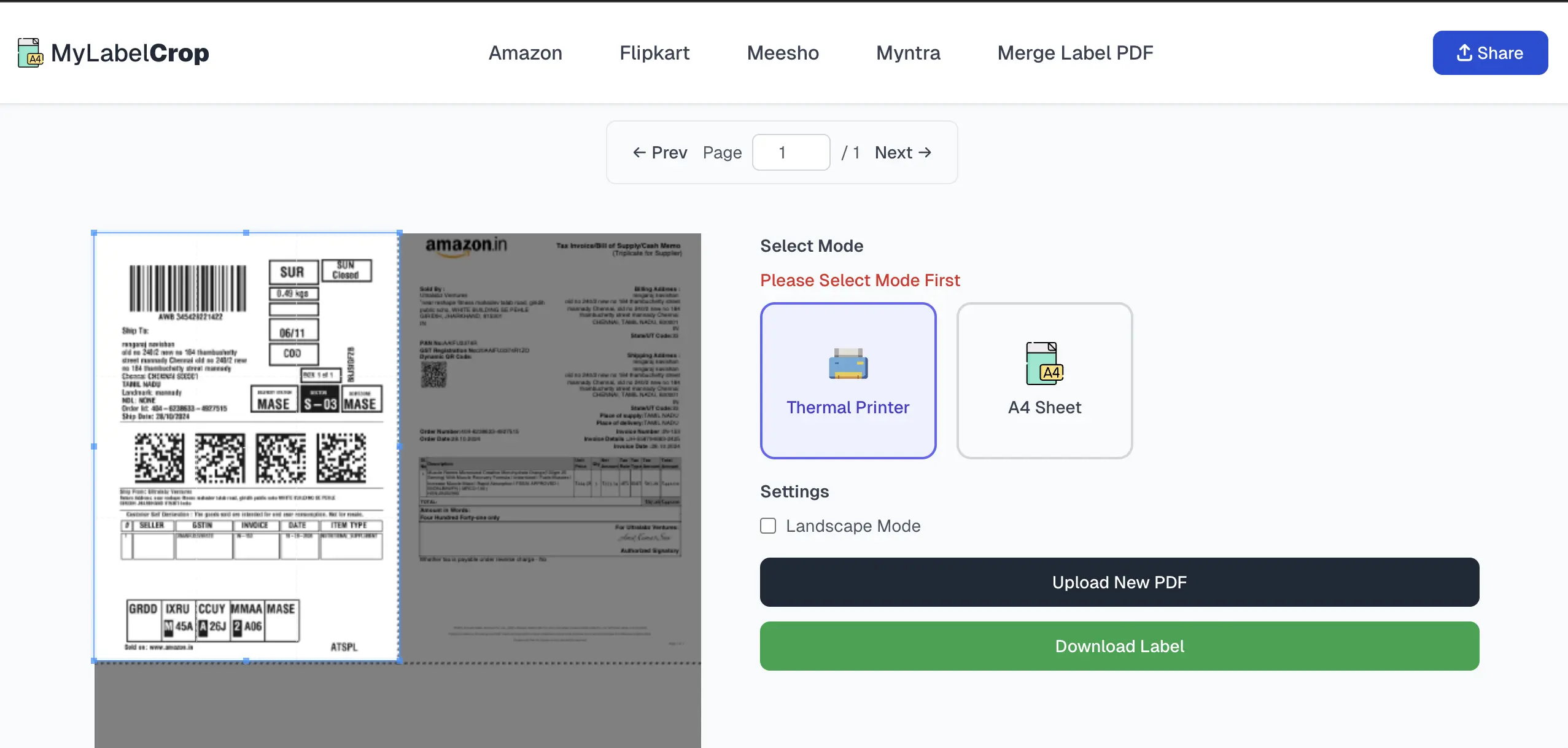 Select Thermal or A4 Mode for Label Crop