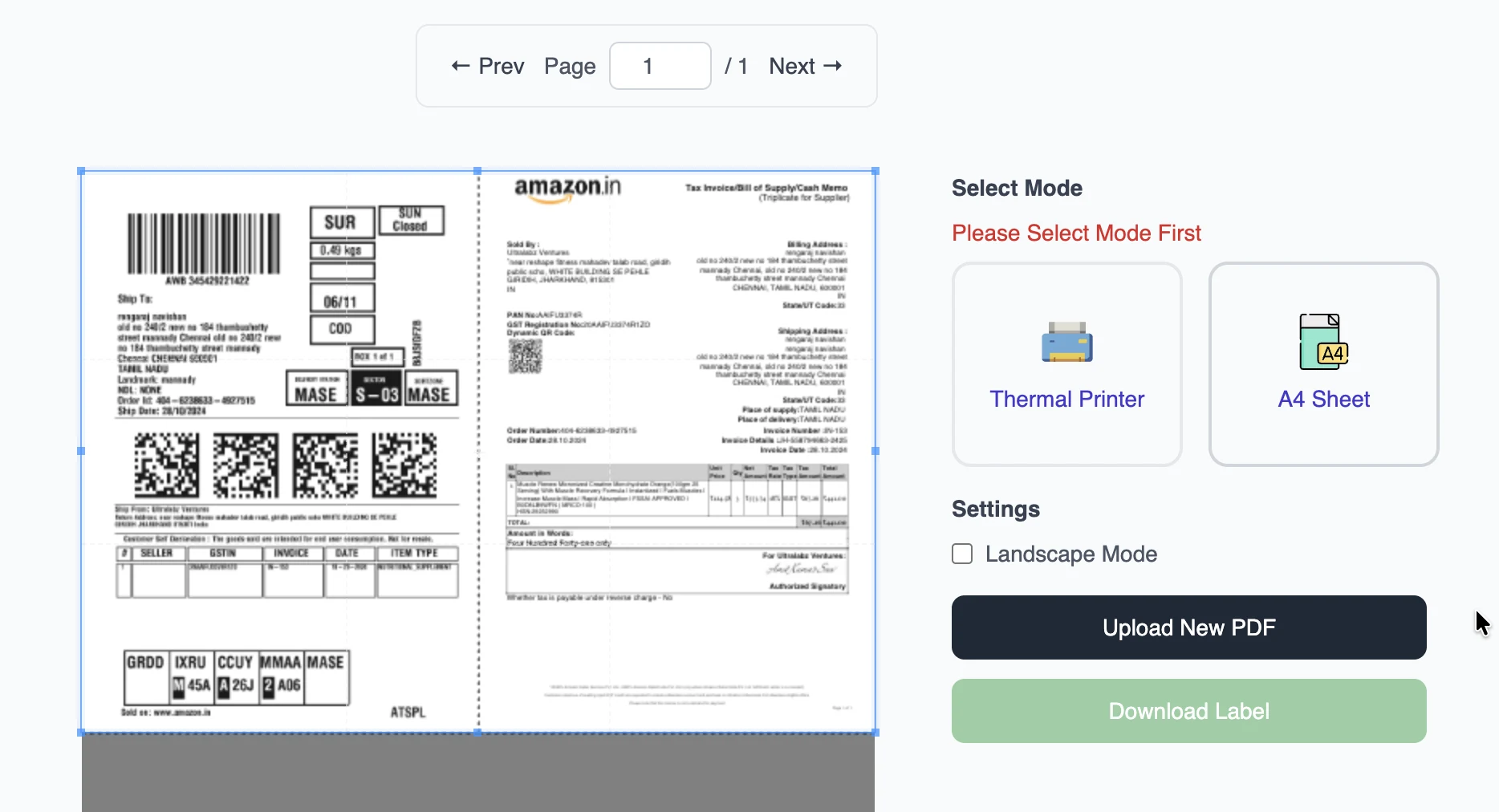 Select Thermal or A4 Mode for Label Crop